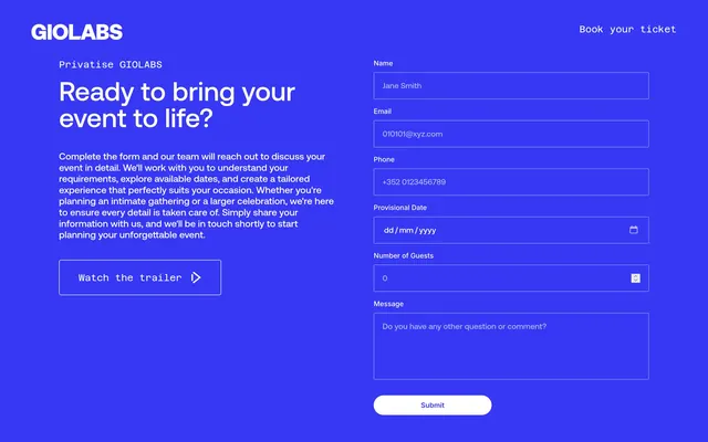 GIOLABS event inquiry contact split, minimal, corporate-clean, vibrant