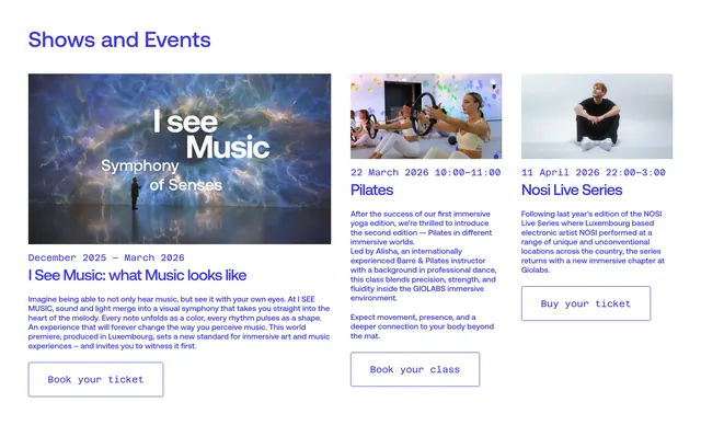 Giolabs shows and events card grid, minimal, light-mode, light