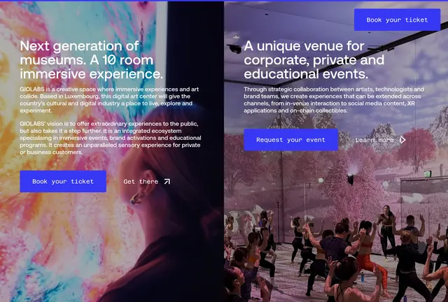Giolabs visitor experience dual split, dark-mode, editorial, dark