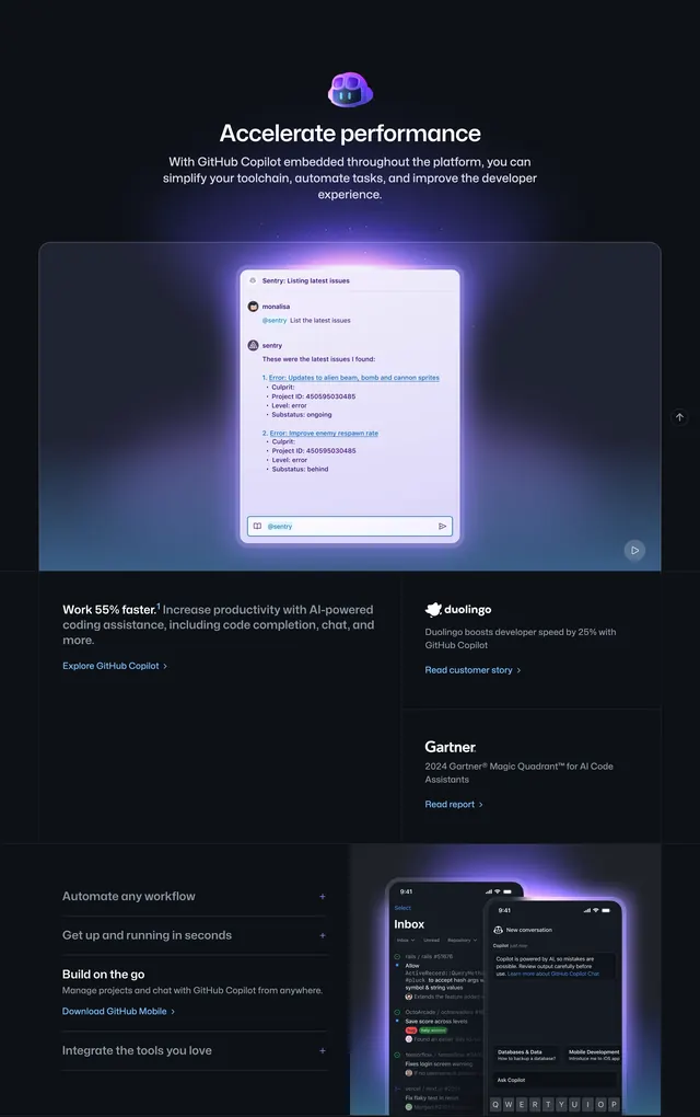 GitHub Copilot accelerate performance feature, dark-mode, gradient-heavy, dark