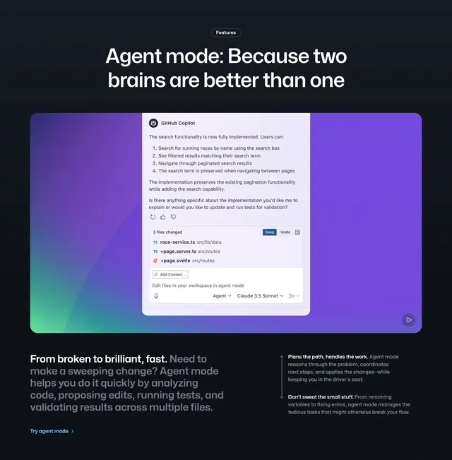 GitHub Copilot Agent mode feature, dark-mode, gradient-heavy, dark