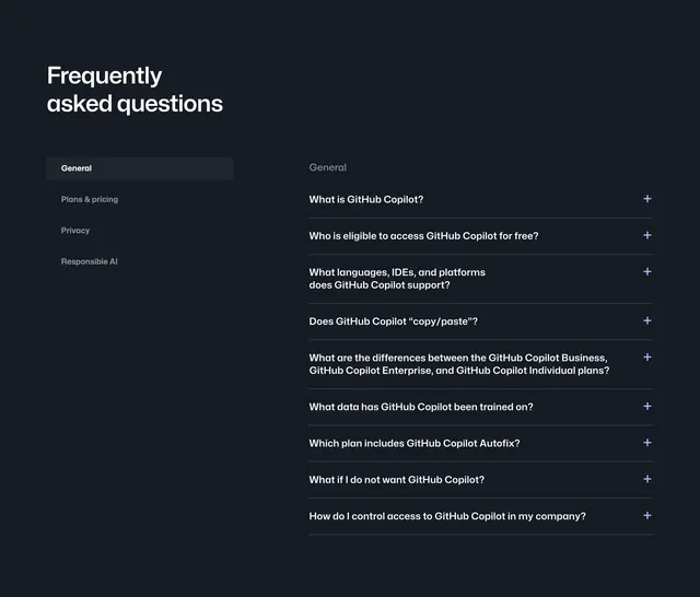 GitHub Copilot FAQ with sidebar, dark-mode, minimal, dark