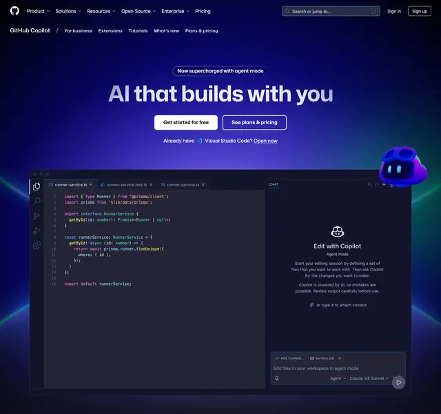 GitHub Copilot agent mode hero, dark-mode, gradient-heavy, dark