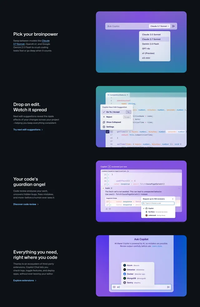 GitHub Copilot stacked feature rows, dark-mode, gradient-heavy, dark