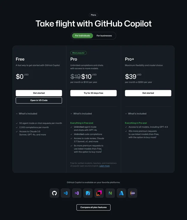 GitHub Copilot three-tier pricing, dark-mode, minimal, dark