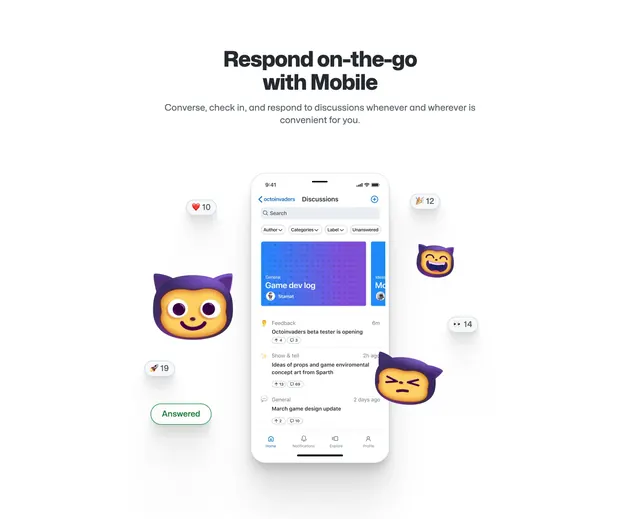 GitHub Discussions mobile app promo, minimal, light-mode, light