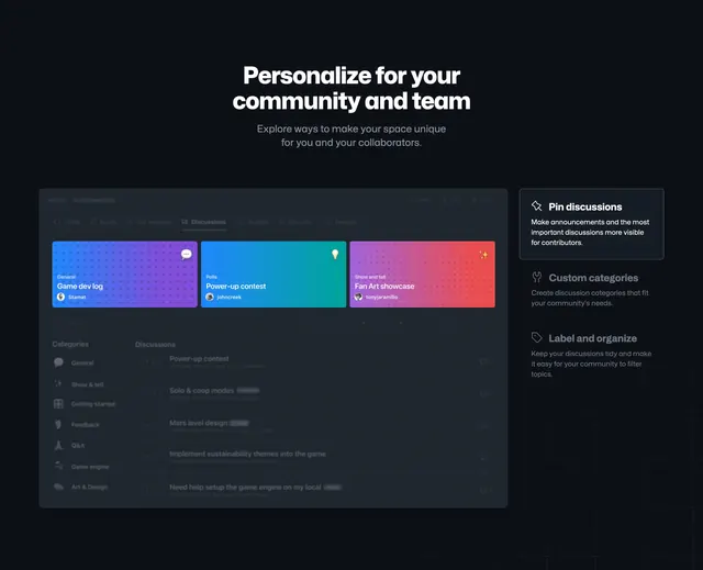GitHub Discussions personalization feature, dark-mode, gradient-heavy, dark