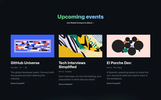 GitHub Education upcoming events grid, dark-mode, minimal, dark