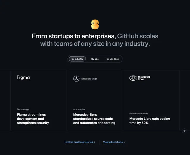 GitHub Enterprise customer stories grid, dark-mode, minimal, dark