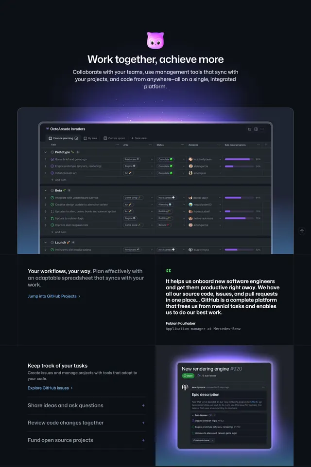 GitHub home collaboration feature showcase, dark-mode, gradient-heavy, dark