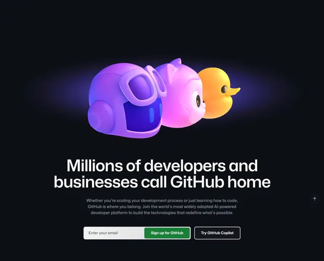GitHub home bottom signup CTA, dark-mode, 3d-render, dark