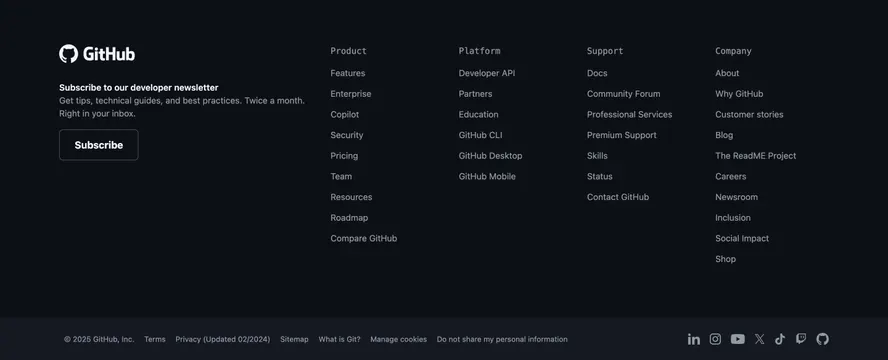 GitHub homepage footer, dark-mode, minimal, dark