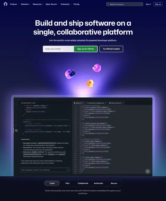 GitHub homepage hero, dark-mode, gradient-heavy, dark