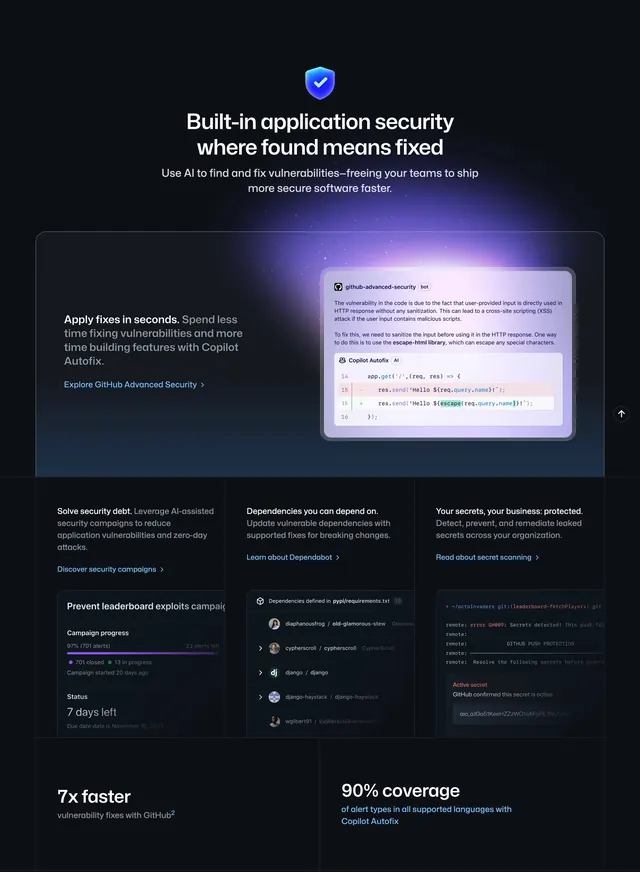 GitHub homepage productivity section, dark-mode, gradient-heavy, dark