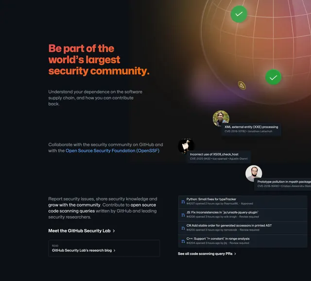 GitHub security community section, dark-mode, gradient-heavy, dark