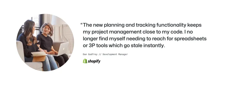 GitHub Issues split testimonial with portrait, minimal, light-mode, light