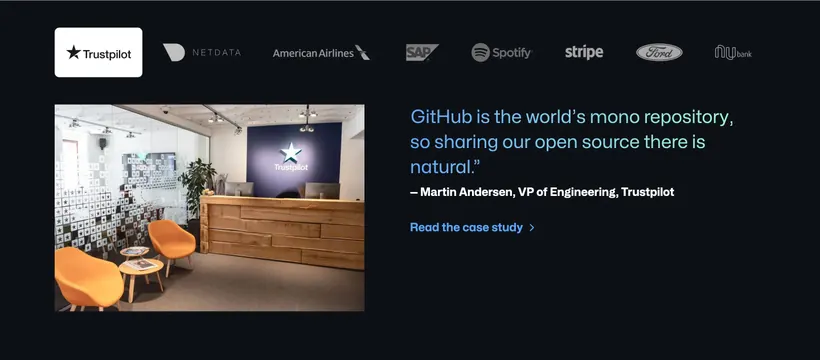 GitHub pricing Trustpilot testimonial, dark-mode, gradient-heavy, dark