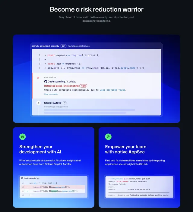 GitHub Security risk reduction bento features, dark-mode, gradient-heavy, dark