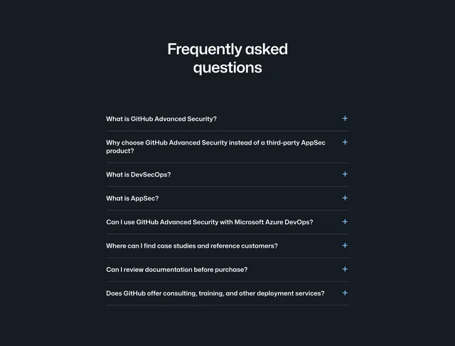 GitHub Advanced Security FAQ accordion, dark-mode, minimal, dark