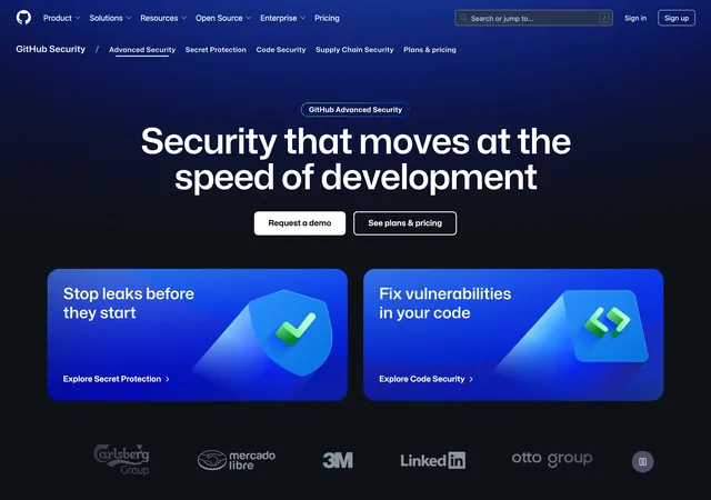 GitHub Advanced Security hero, dark-mode, gradient-heavy, dark