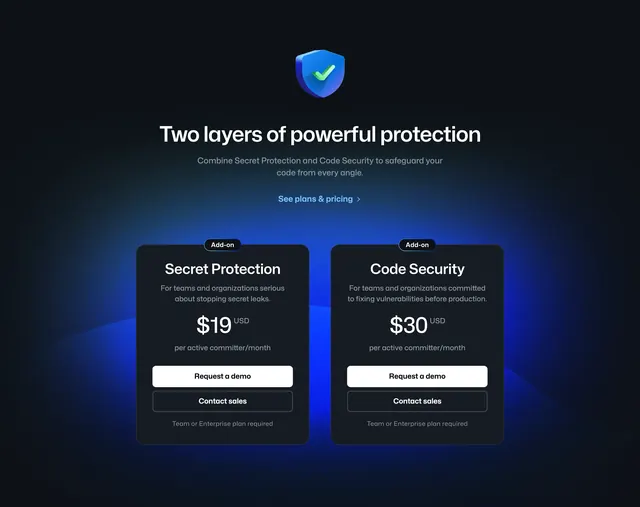GitHub Security add-on pricing cards, dark-mode, minimal, dark