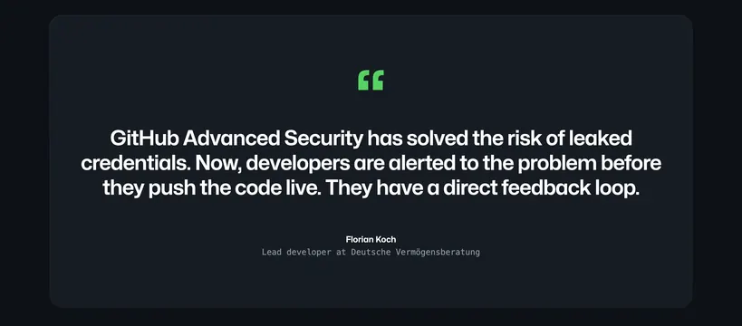 GitHub Advanced Security centered testimonial card, dark-mode, minimal, dark