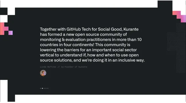 GitHub Social Impact framed testimonial carousel, dark-mode, neo-brutalist, dark