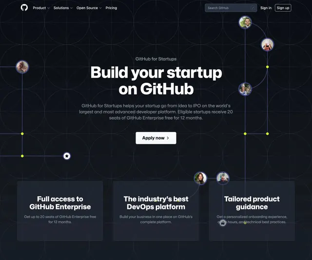 GitHub for Startups network hero, dark-mode, minimal, dark