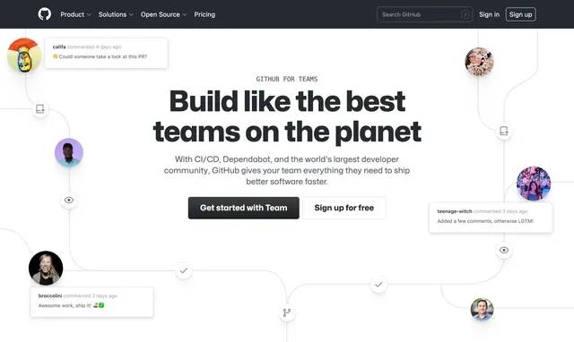 GitHub for Teams collaboration workflow hero, minimal, light-mode, light