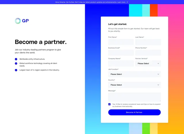 Globalization Partners become partner page section form, minimal, corporate-clean, light