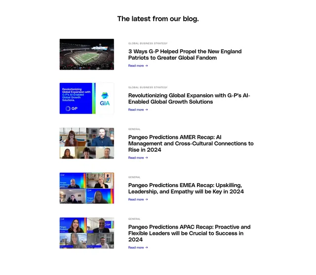 Globalization Partners blog page section latest, minimal, corporate-clean, light