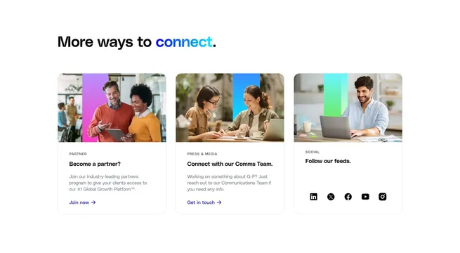 Globalization Partners contact page section connect gateway, minimal, corporate-clean, light
