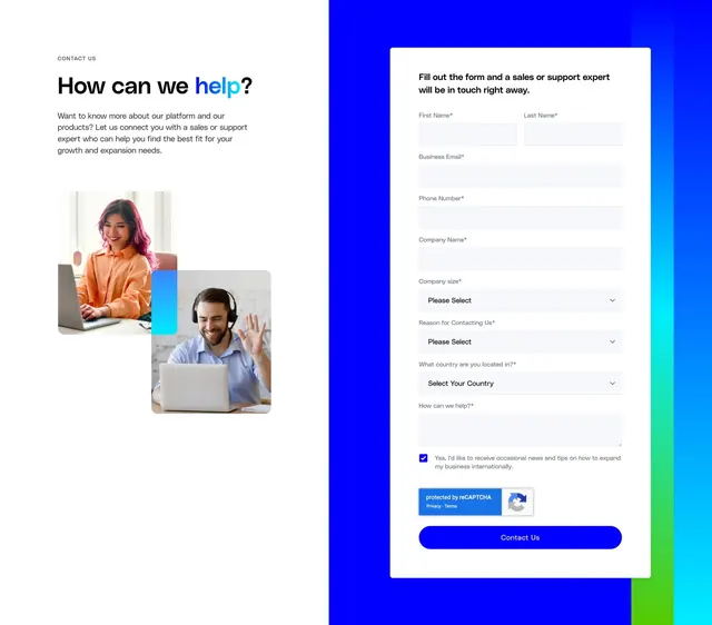 Globalization Partners contact page section form, minimal, corporate-clean, light