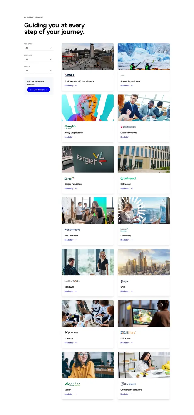 Globalization Partners customer stories page collections, minimal, corporate-clean, light