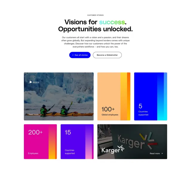 Globalization Partners customer stories page section summary, minimal, corporate-clean, light