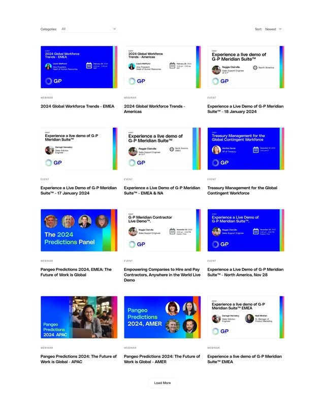 Globalization Partners events page section event collection, minimal, corporate-clean, light