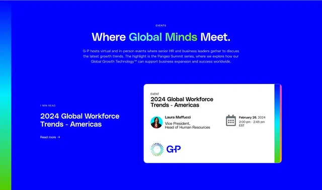 Globalization Partners events page hero, gradient-heavy, corporate-clean, vibrant