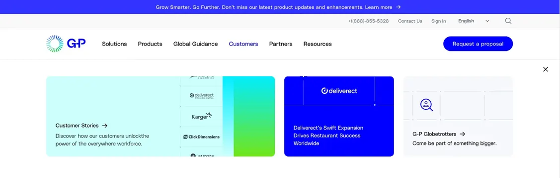 Globalization Partners home Customers mega menu, corporate-clean, light-mode, light