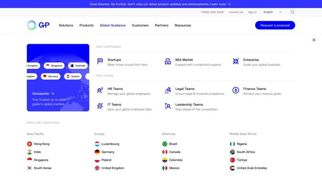 Globalization Partners home Global Guidance mega menu, corporate-clean, light-mode, light
