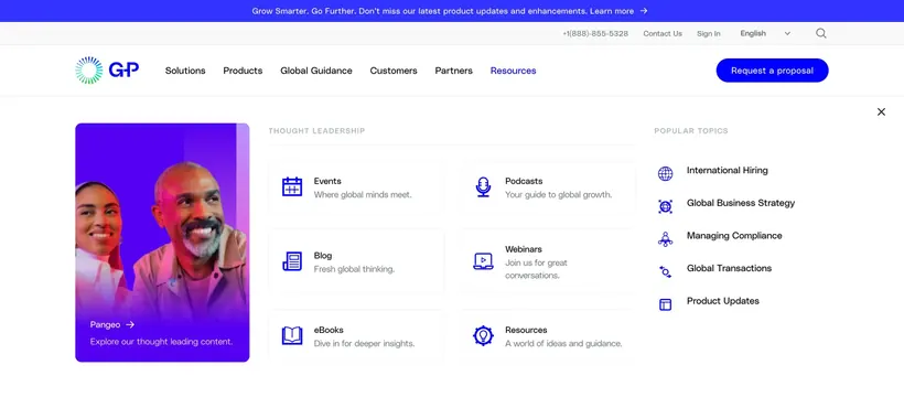 Globalization Partners Resources mega menu, corporate-clean, minimal, light