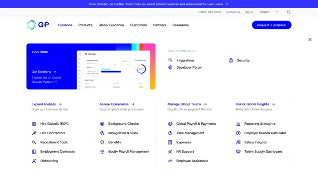 Globalization Partners Solutions mega menu, corporate-clean, minimal, light