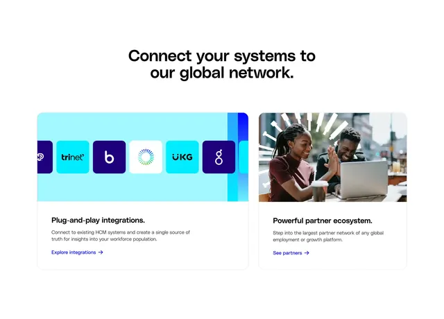 Globalization Partners connect systems section, minimal, light-mode, light