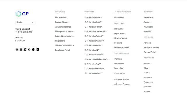 Globalization Partners site footer, minimal, light-mode, light