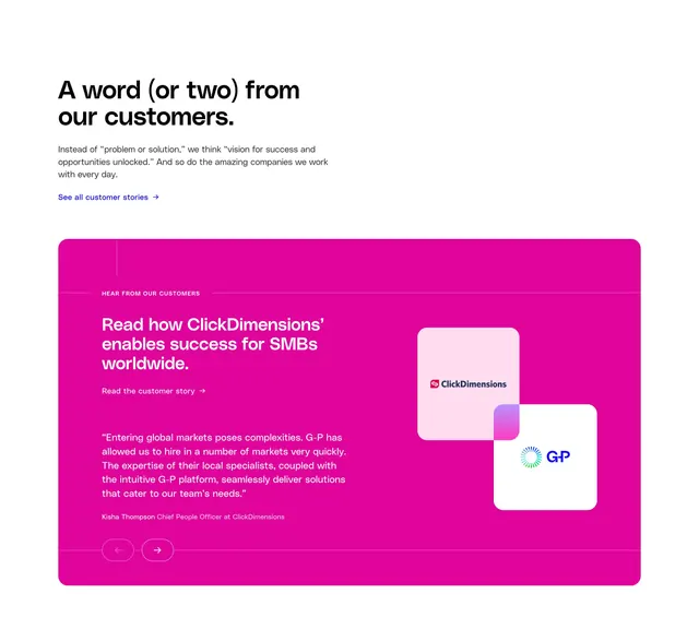 Globalization Partners home page testimonials, light-mode, corporate-clean, light