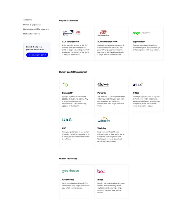 Globalization Partners integrations page tools, light-mode, minimal, light