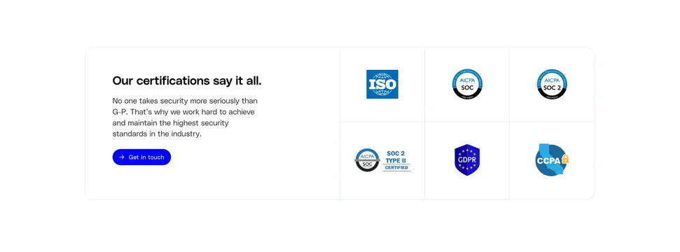 Globalization Partners security page section certifications, minimal, corporate-clean, light