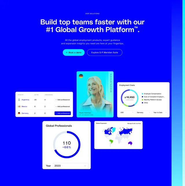Globalization Partners solution page hero, corporate-clean, gradient-heavy, vibrant