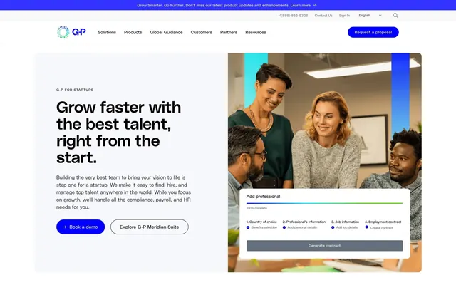 Globalization Partners startup page hero, corporate-clean, light-mode, light
