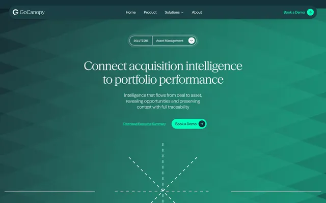 GoCanopy acquisition intelligence hero, dark-mode, gradient-heavy, dark