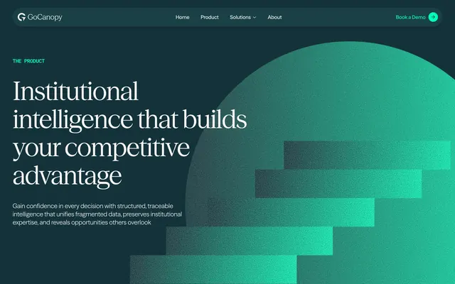 GoCanopy institutional intelligence product hero, minimal, dark-mode, dark